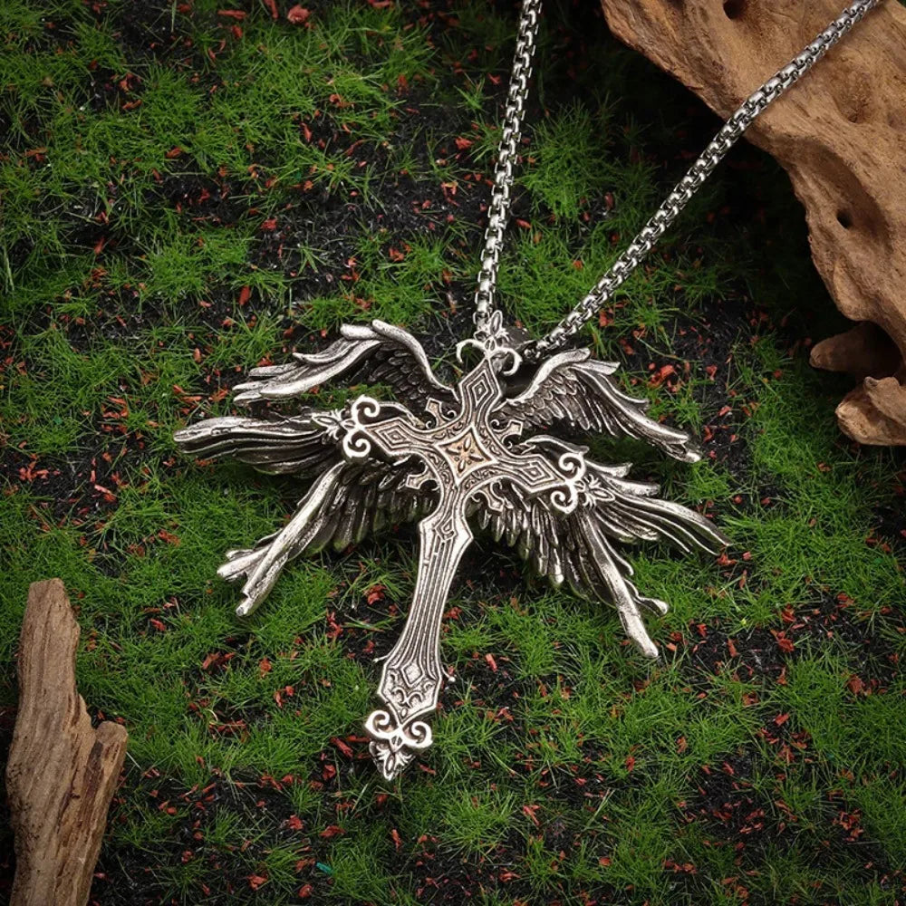 Gothic Jesus Wings Cross Pendant