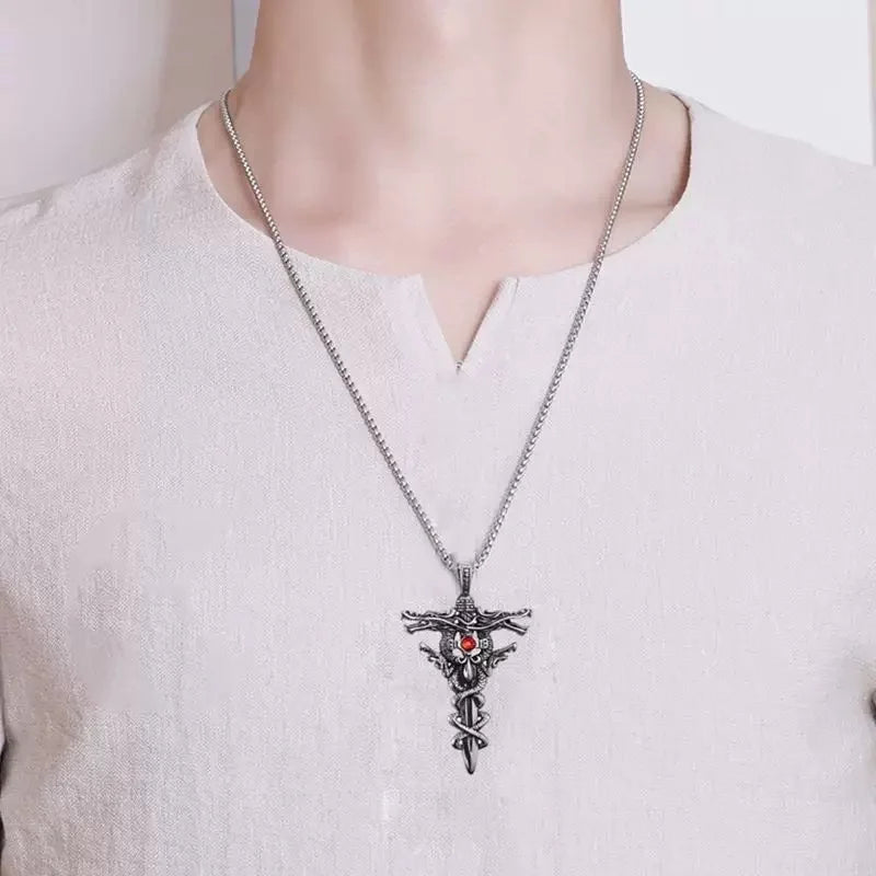 Punk Fashion Titanium Steel Necklace for Men Alloy Double Dragon Sword Pendant Choker Ring Vintage Evil Eye Cross Jewelry Gift