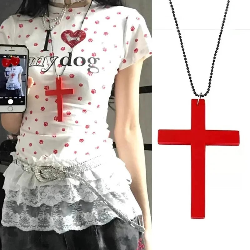 Block Cross Pendant (Street Goth/Y2K Minimalist - Black, White, Red)